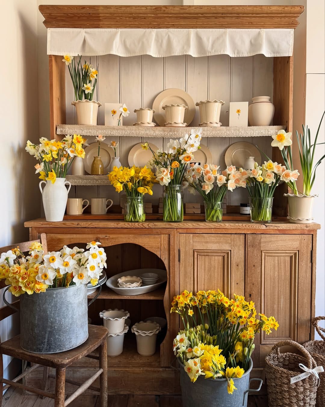 Vintage dresser with daffodils