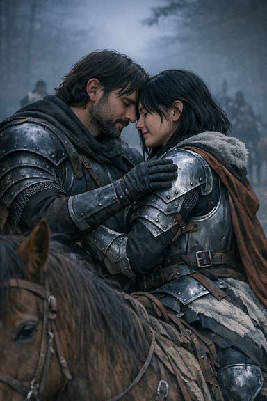 Clarion and Fleetwood embrace on horseback, Clarion with black hair Clarion and Fleetwood embrace on horseback, Clarion with black hair