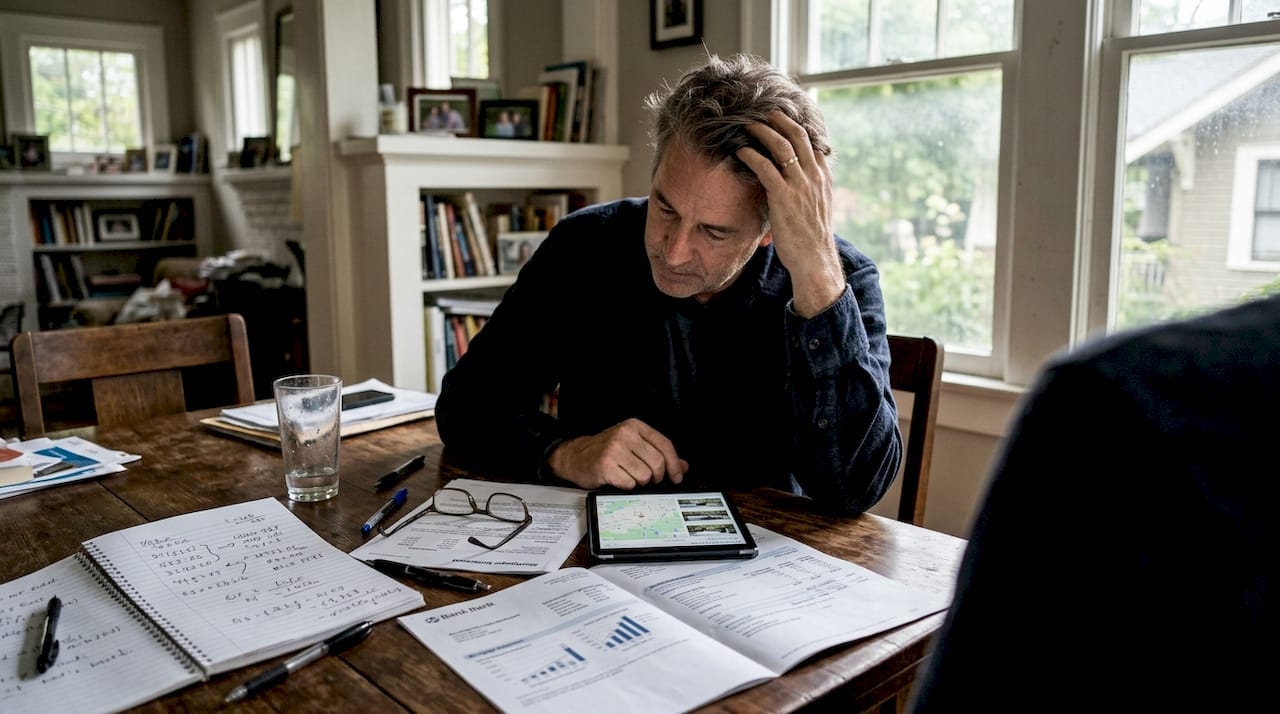Man checking mortgage paperwork with tablet Man checking mortgage paperwork with tablet