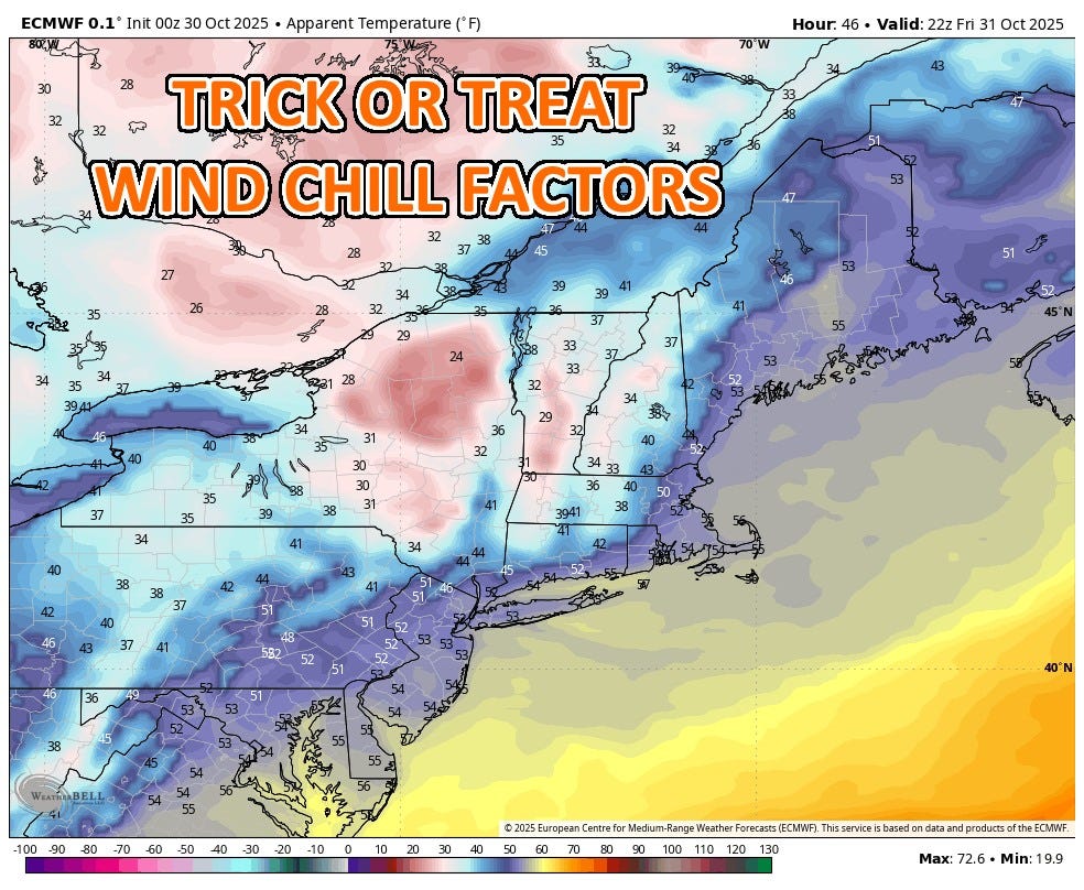 May be an image of map and text that says 'ECMWF 0.1 Init 0Oz 30 Oct 2025 Oz Apparent emperature （F) Hour. 46 70W Valid: 22z Oct2025 32 TRICK OR TREAT WIND CHILL FACTORS 28 24 33 31 37 36 32 30 35 35 34 39 31 38 34 41 38 50 38 3941 34 43 592 -100 80 40'N -30 -20 -10 30 40 80 2025 European Centrefor Mecium-Rang Weather Forecasts CMNF) 90 100 110 120 130 hisservice oviteisb based data taand roducts ECMIWF. Max: 72.6 Min: 9.9'
