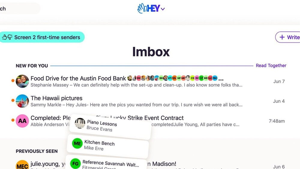 A screenshot of the main inbox using Hey’s service, dubbed the “Imbox.” A screenshot of the main inbox using Hey’s service, dubbed the “Imbox.”