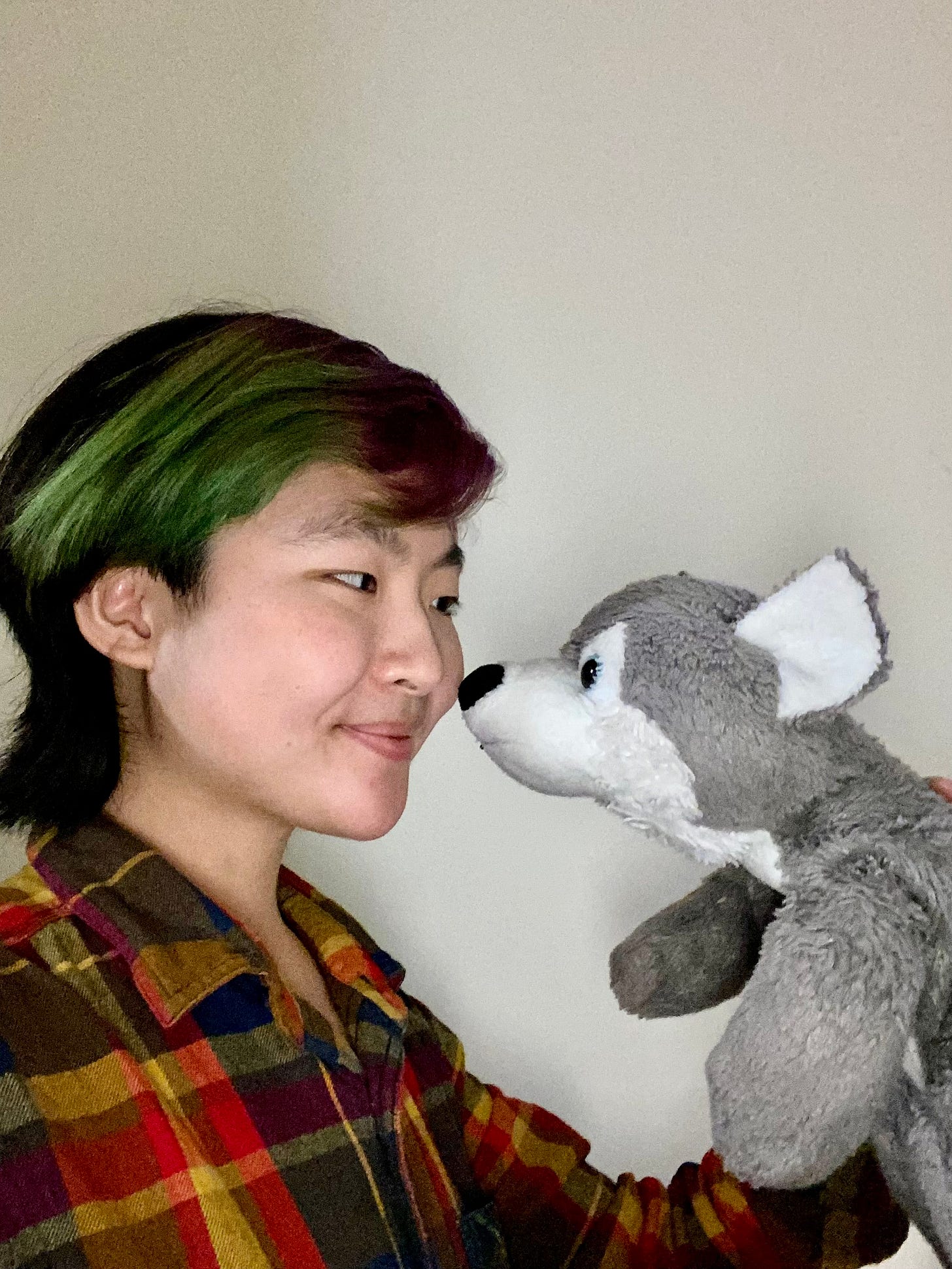 Margin, a young East Asian person with green and purple hair, holds their beloved plushie Steppenwolf, who appears to be a gray wolf but is actually a transfeline creature who likes to meow.  They and Steppenwolf are nose-booping.