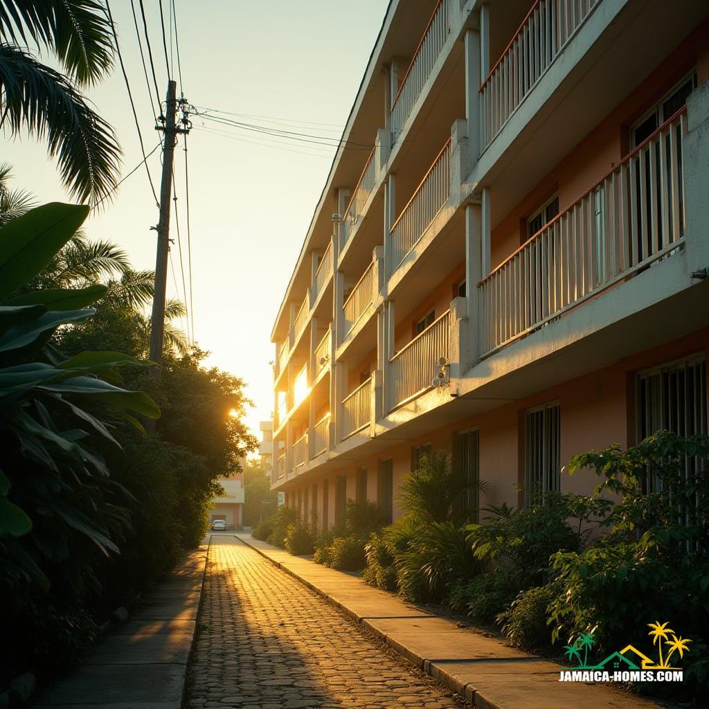 Modern student accommodation in Kingston City, Jamaica, with lush Caribbean surroundings, warm golden lighting casting long shadows, cinematic atmosphere. A live-action still, captured with the cinematic quality of a 35mm film, utilizing the V-Raptor XL's exceptional dynamic range, embracing subtle film grain and a nuanced vignette. Color graded to evoke a sense of nostalgia, with a vibrant yet muted palette that blends the warmth of the tropical sun with the cool tones of modern architecture. Post-processed to accentuate the dramatic interplay of light and shadow, the image exudes an epic, stunning quality, evoking the works of cinematographers such as Emmanuel Lubezki and Roger Deakins, with a hint of the atmospheric, stylized realism found in the films of Denis Villeneuve and Terrence Malick.