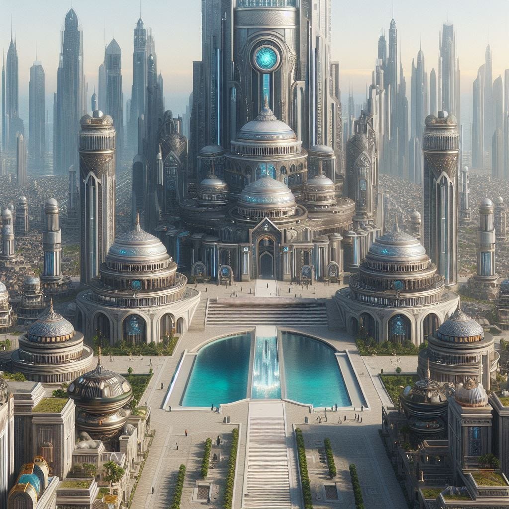 A futuristic city that also suggests the classic Ottoman Empire style