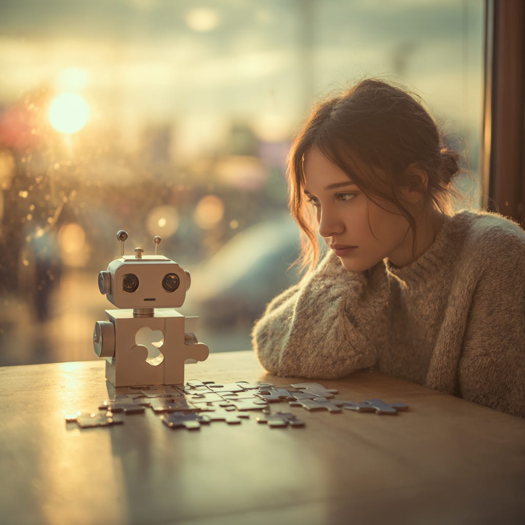 A young woman in her 20s and a small robot sit side-by-side at a cafe table at golden hour, both looking at a puzzle lying on the table in front of them