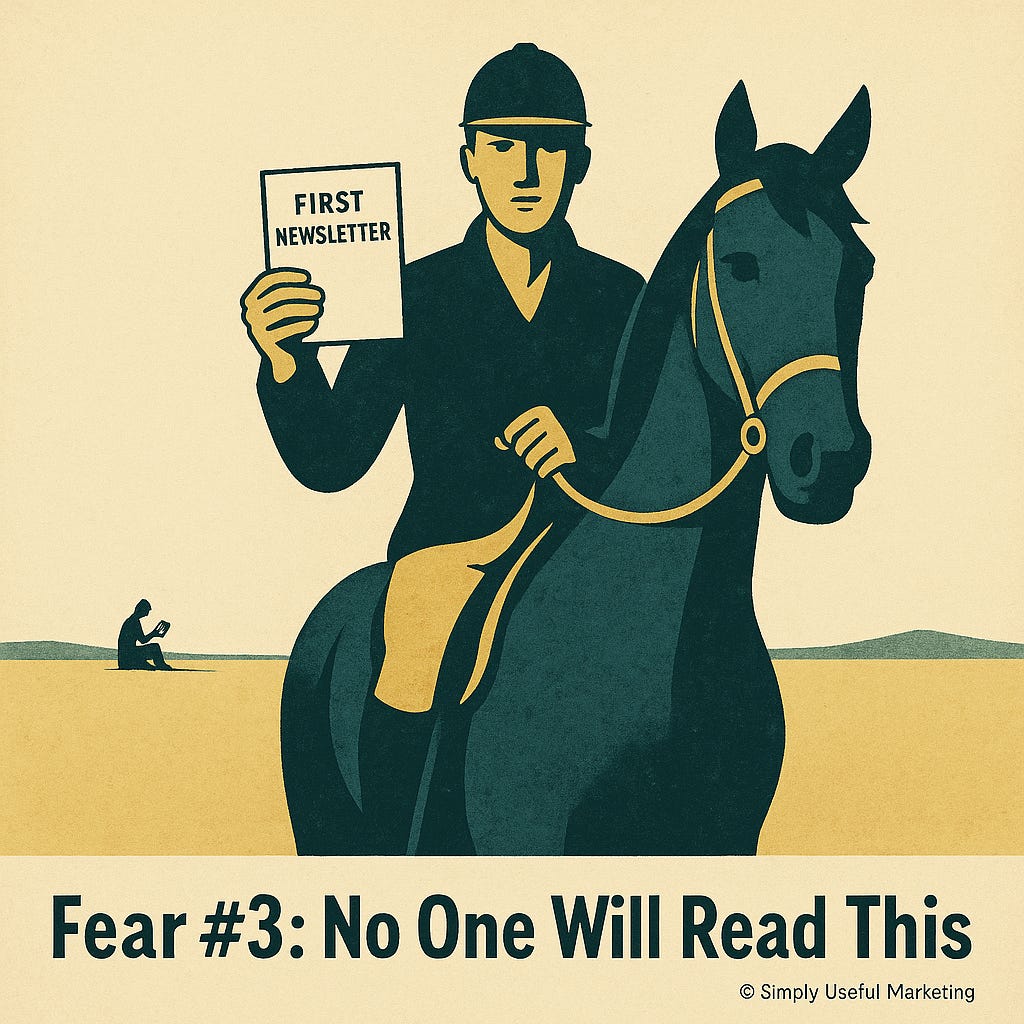 Vintage-style poster of a calm horseman facing forward, holding a paper labeled “First Newsletter.” The open landscape looks empty, but a single distant person is quietly reading. Caption reads “Fear #3: No One Will Read This,” with © Simply Useful Marketing in the corner. Vintage-style poster of a calm horseman facing forward, holding a paper labeled “First Newsletter.” The open landscape looks empty, but a single distant person is quietly reading. Caption reads “Fear #3: No One Will Read This,” with © Simply Useful Marketing in the corner.