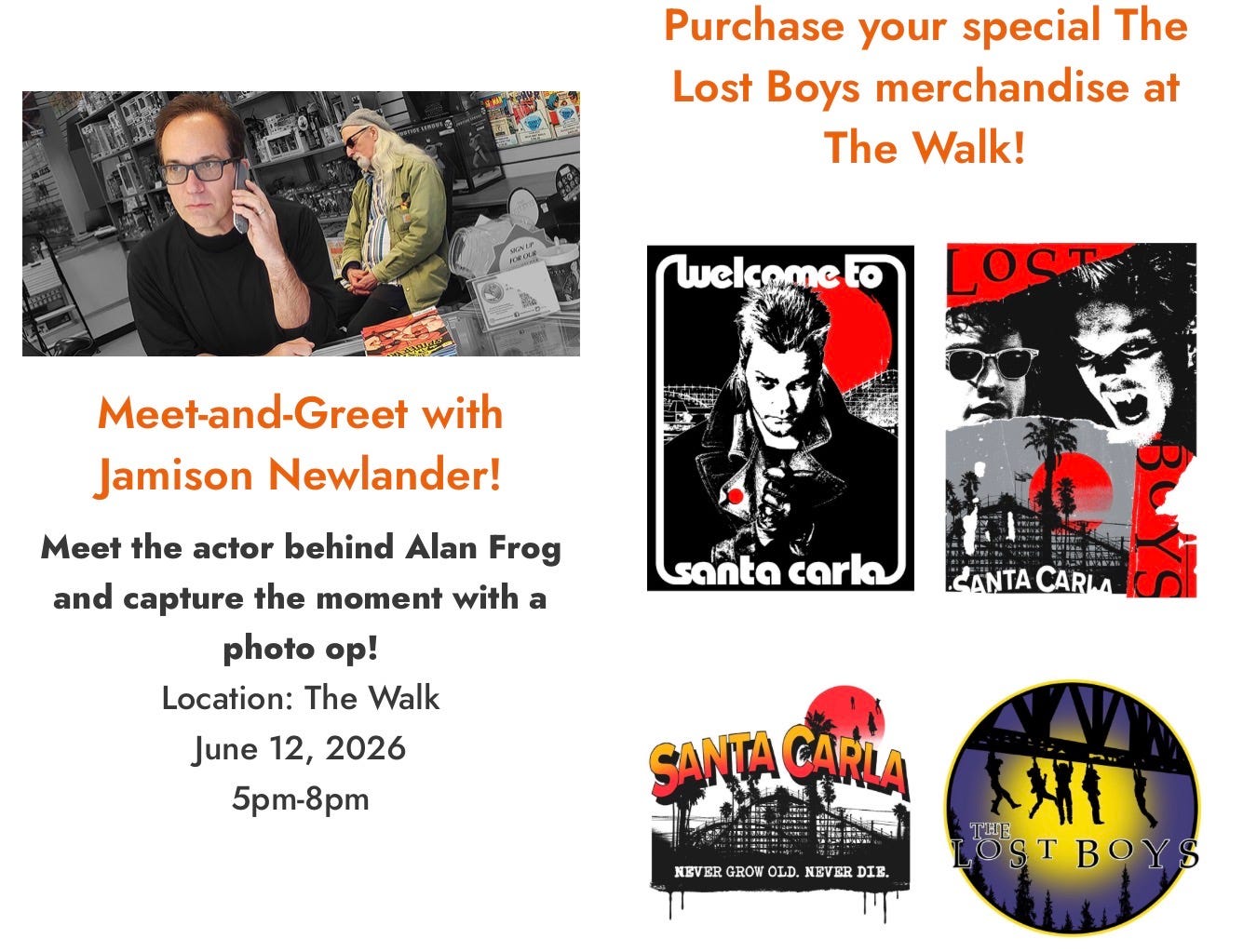 Advertisement for the Santa Cruz movie on the beach with pictures of merchandise and advertising the meet and greet Advertisement for the Santa Cruz movie on the beach with pictures of merchandise and advertising the meet and greet