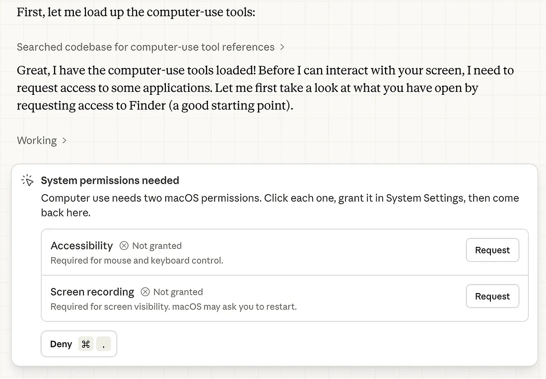 Claude Desktop Computer Use settings screen under Settings then General with the Enable Computer Use toggle and additional permission prompts