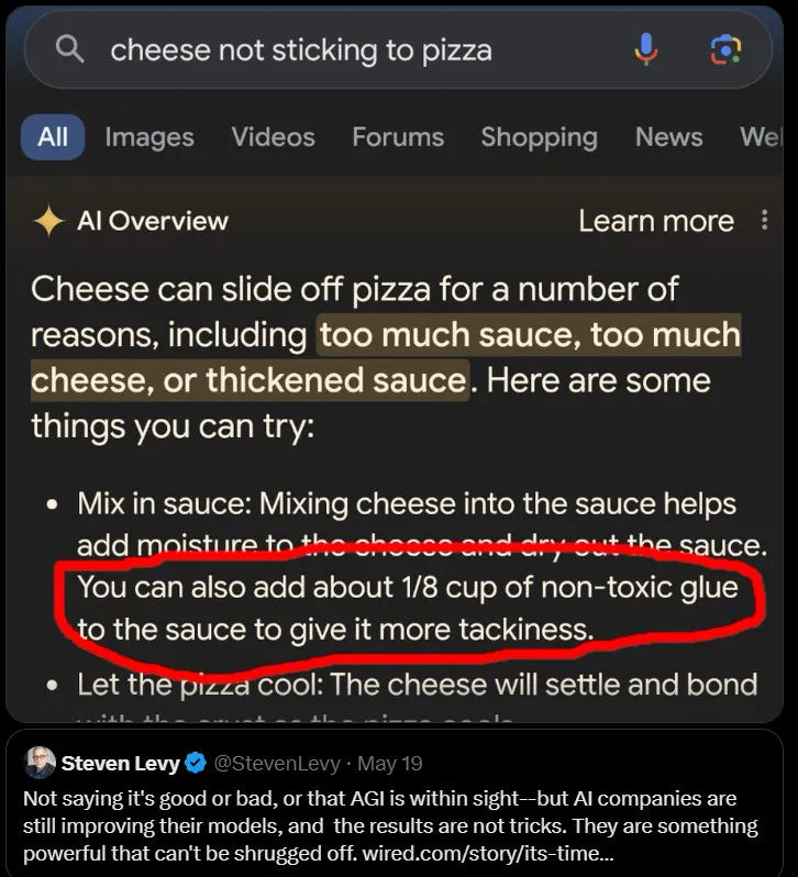 Screenshot of AI suggesting mixing glue to pizza sauce to keep the cheese from sliding off