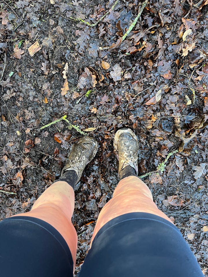 1. Sloshing through mud during a trail run around Epping Forest in December; 2. A Winter Solstice campfire.
