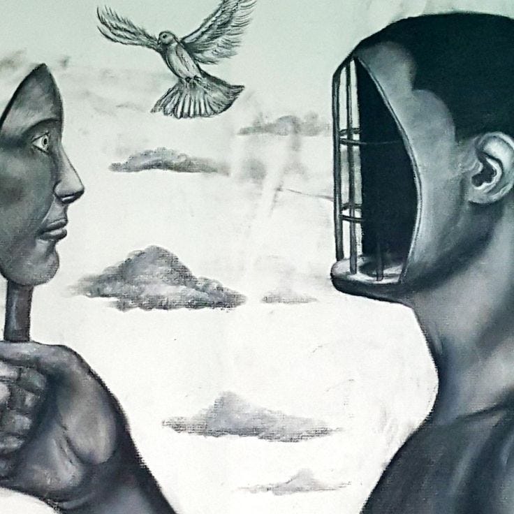 This may contain: a drawing of a man looking at a bird coming out of a cage, with the image of a person's head in front of him