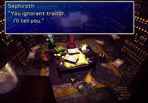 Sephiroth: "You ignorant traitor. I'll tell you" — "The planet was saved by sacrificing the Cetra. After that, your ancestors, continued to multiply." — "An Ancient named Jenova was found in a 2000 year-old geological stratum."