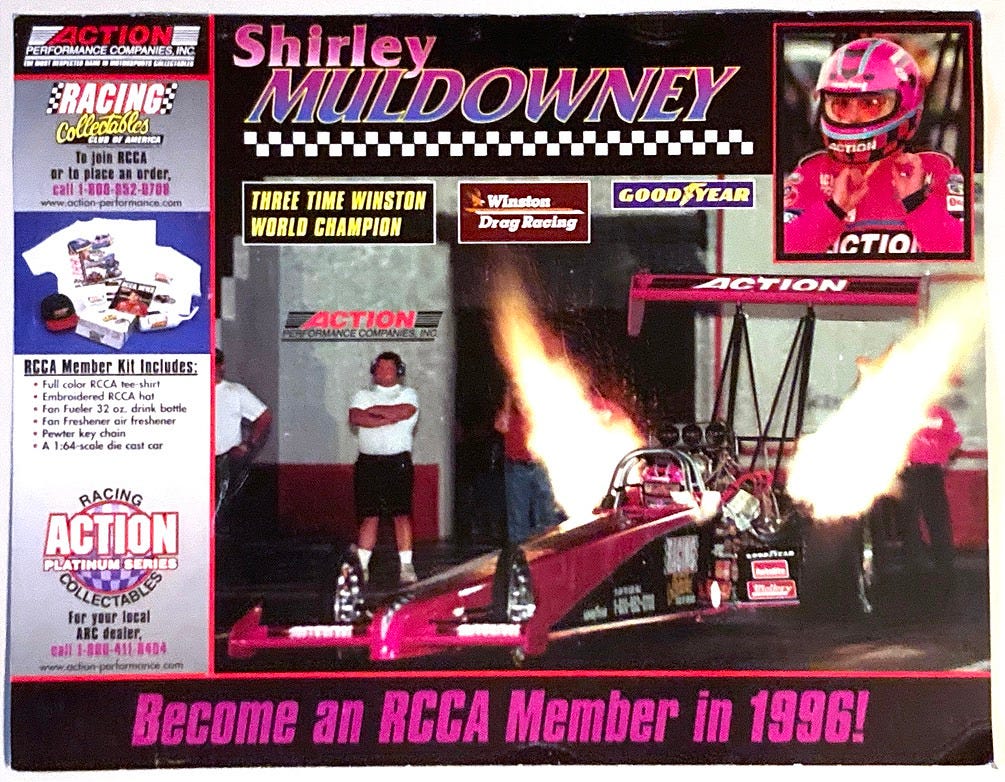 1996 flyer for Shirley Muldowney drag racing at Raceway Park