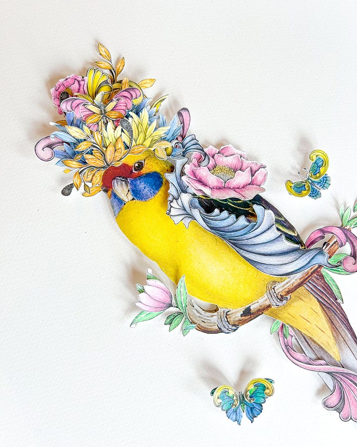 A gallery of details of mixed media vintage illustrations collaged with fineliner drawings by Georgie St Clair