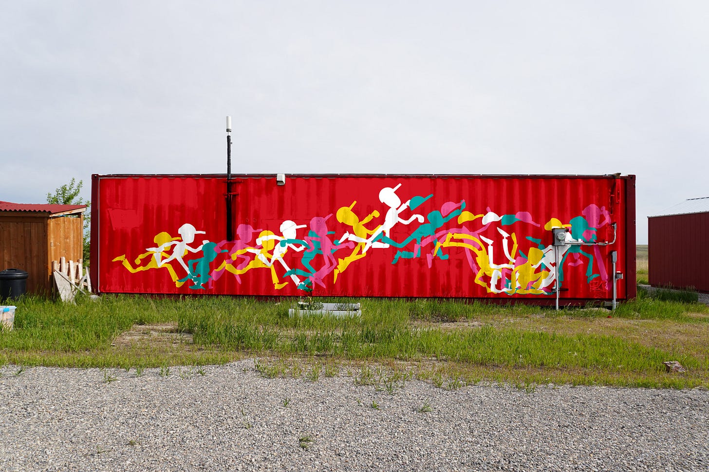 Mockup of the Trip and Fall illustration mapped onto the surface of a 40 ft wide high cube shpping container in the middle of a farm field.