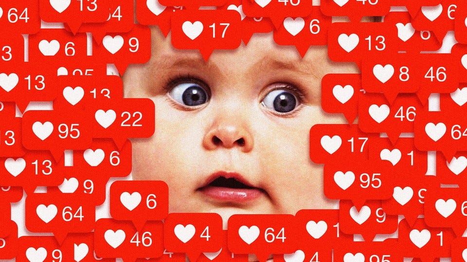 Illustration of a baby surrounded by Instagram 'like' counts Illustration of a baby surrounded by Instagram 'like' counts