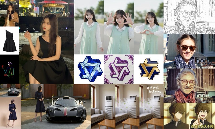 A woman in a black dress posing with a cigarette. Three women in light green dresses standing and gesturing with peace signs. Geometric patterns in blue, purple, and gold. A man in sunglasses and a scarf. An elderly man with glasses and a red scarf. A sports car on a street. A woman in a black dress standing by a car. An anime character with dark hair. Text in Japanese reading "株式会社" and additional text.