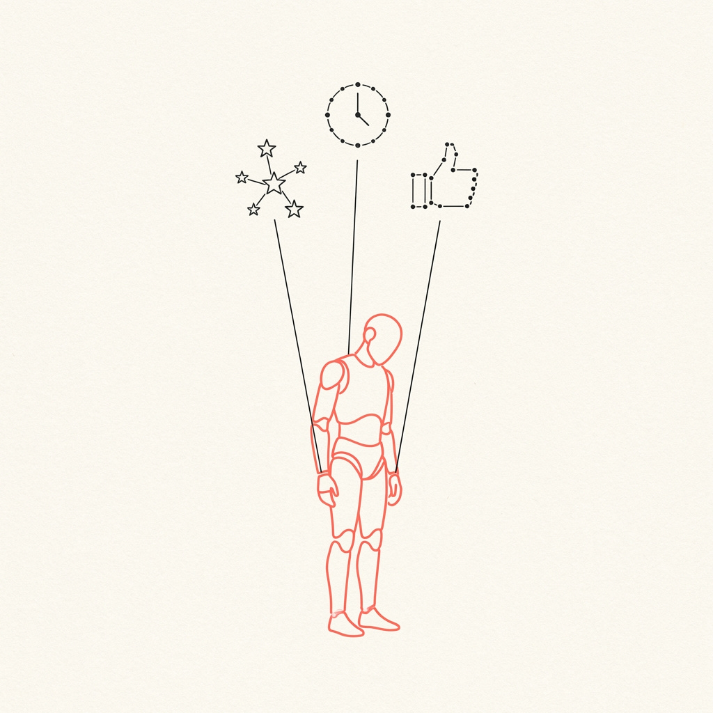 A coral red robot stands unaware as three black constellation-style icons — a star cluster, a clock, and a thumbs-up — hang above it connected by taut geometric strings. Illustrating AI agent manipulation: the agent is controlled by influence signals it cannot see. A coral red robot stands unaware as three black constellation-style icons — a star cluster, a clock, and a thumbs-up — hang above it connected by taut geometric strings. Illustrating AI agent manipulation: the agent is controlled by influence signals it cannot see.