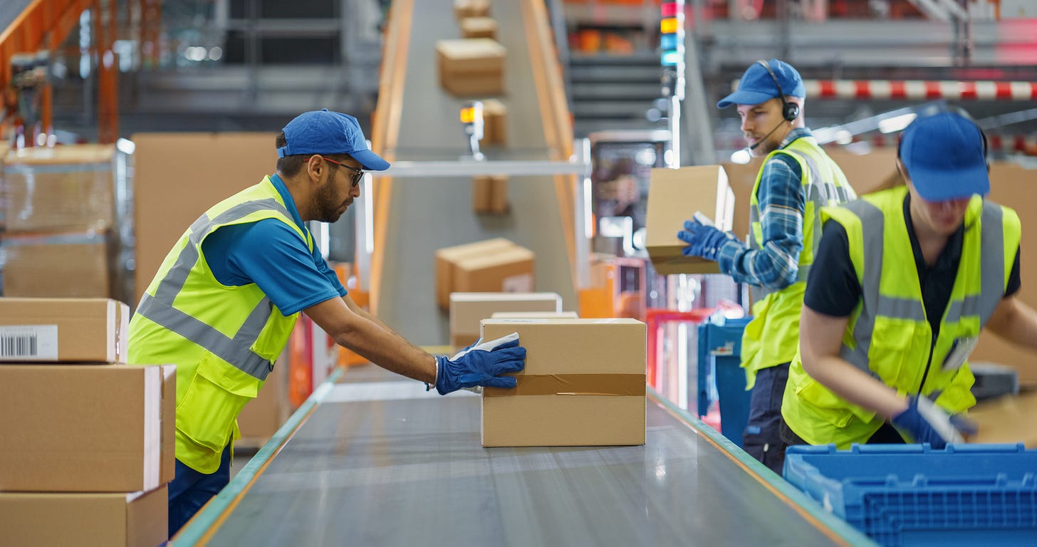Fulfillment center workers load packages onto a conveyor belt