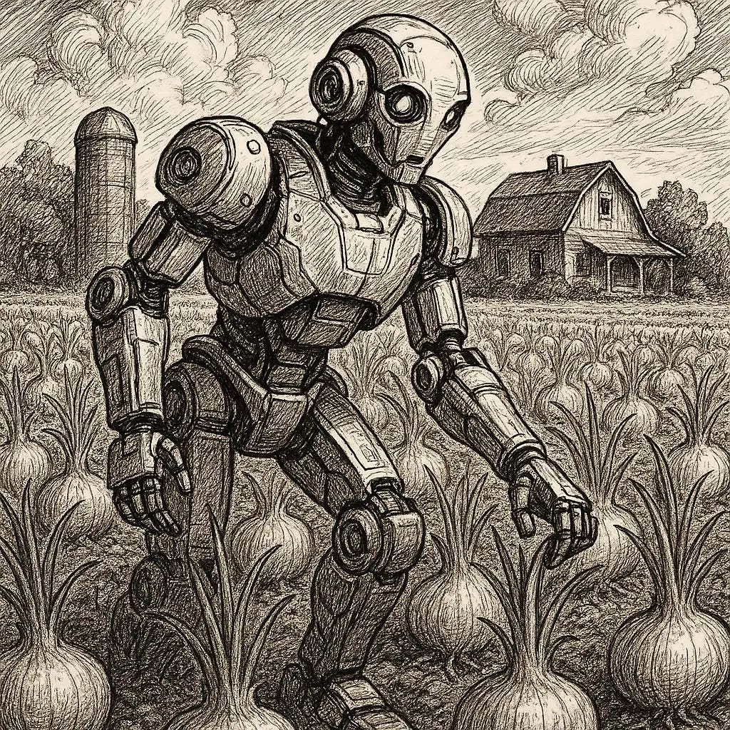 a robot in a field of onions, farmhouse in background, sci-fi drawing a robot in a field of onions, farmhouse in background, sci-fi drawing