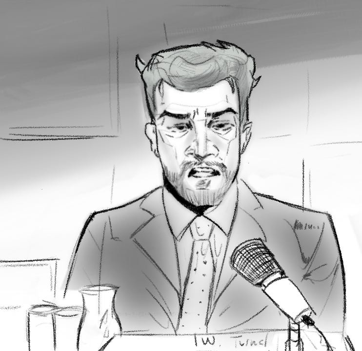 A drawn sketch of William Turnell sat in front of a microphone, with a pained expression on his face.