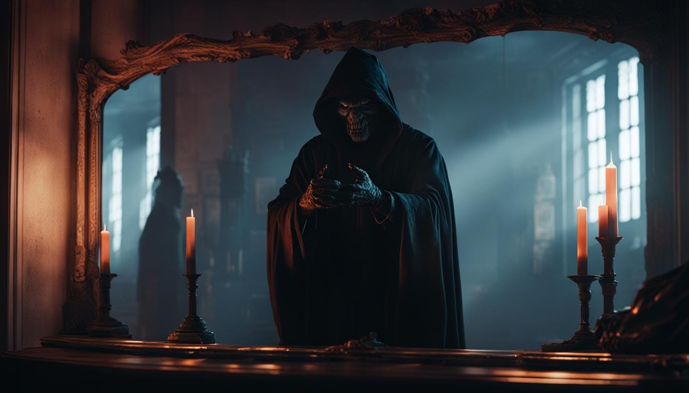 Eerie Shadow Figure Reaching From Behind Mirror - AI Art Eerie Shadow Figure Reaching From Behind Mirror - AI Art