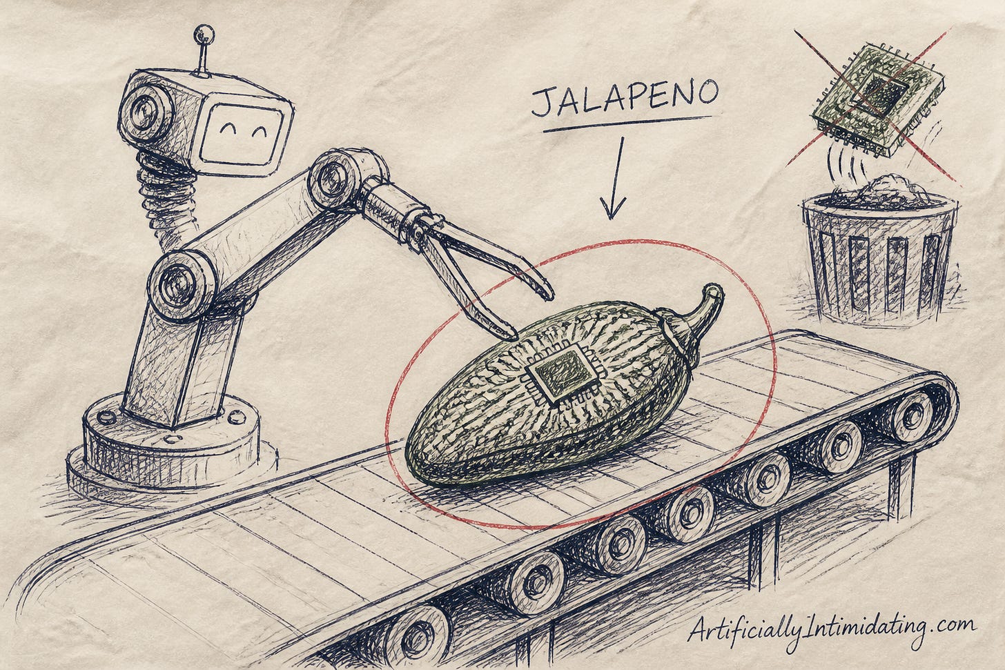 Hand-drawn sketch of a jalapeno pepper stylized as a computer chip on a factory conveyor belt, a small robot arm placing it with tongs, a crossed-out green GPU sketch in the corner being tossed in a bin.