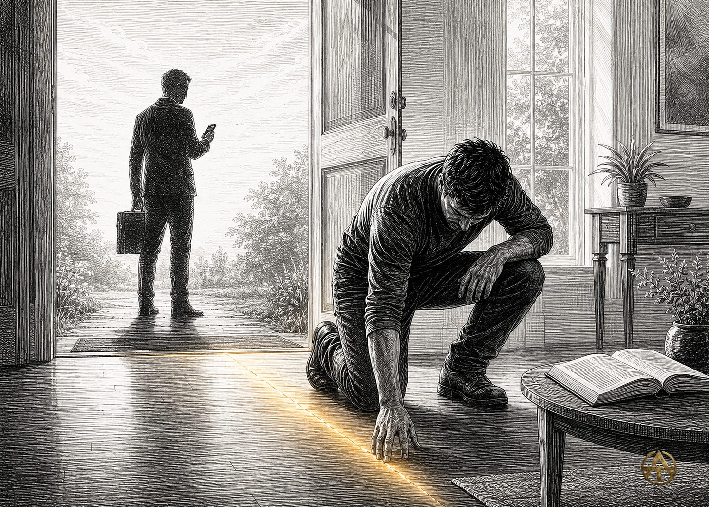 A man kneels just inside a bright home while his upright shadow remains outside, still holding a briefcase and phone.