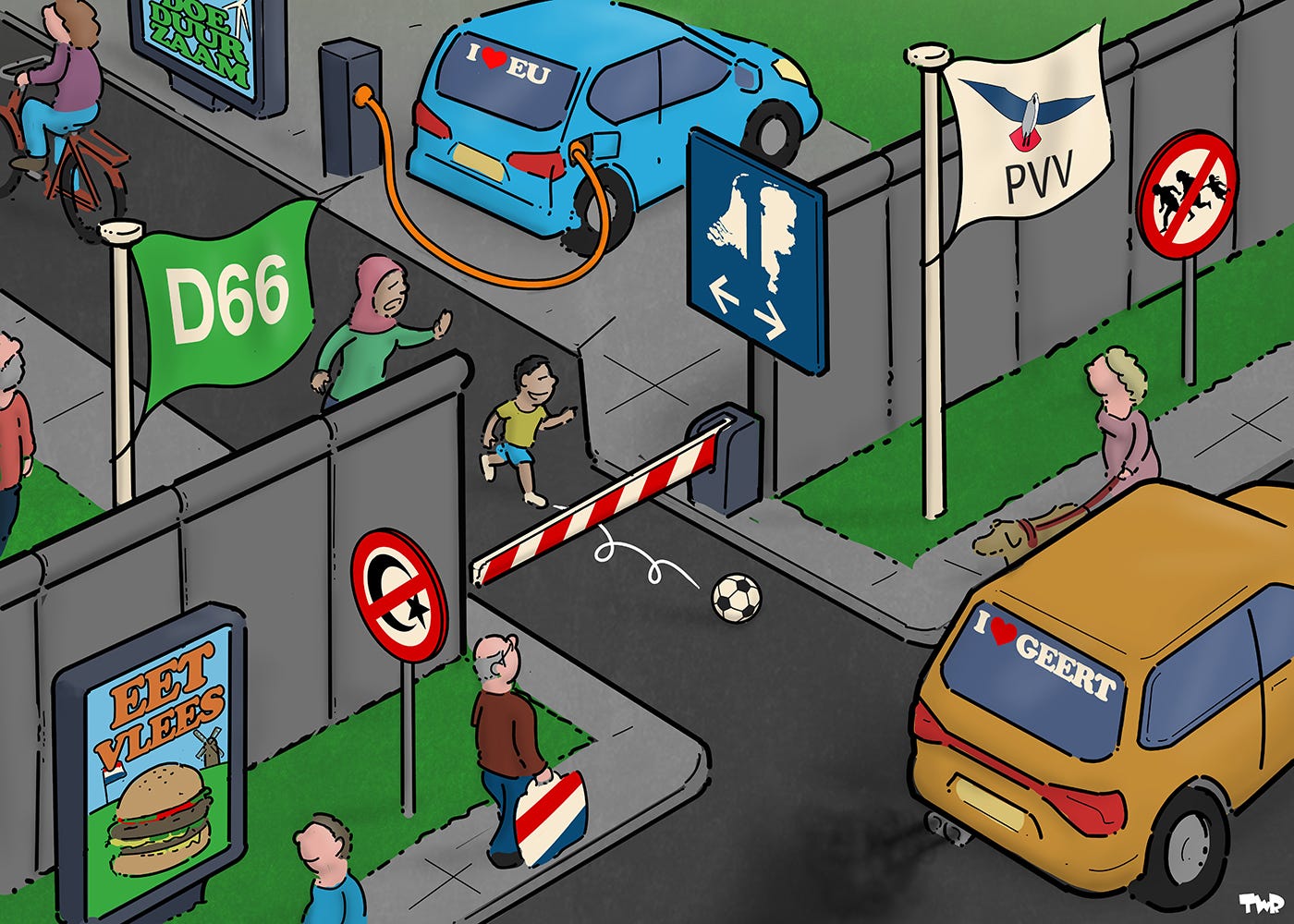 Cartoon waarop twee buurten te zien zijn, met ertussen een groot betonnen hek en een poort met een slagboom. In de ene buurt wappert een vlag van de PVV. Er rijdt een SUV met zwarte rook uit de uitlaat, er staan borden met verboden voor islam en verboden voor vluchtelingen erop, en er is een reclamebord te zien met een grote hamburger en de tekst 'Eet vlees'. In de andere buurt wappert de vlag van D66. Hier is een elektrische auto met een sticker 'I love EU') aan het opladen en is een reclamebord met de tekst 'Doe duurzaam'. Een jongetje in de D66-buurt heeft per ongeluk zijn bal onder de slagboom door geschopt en rent hier achteraan; zijn moeder (moslima met hoofddoek) rent achter hem aan om hem tegen te houden.