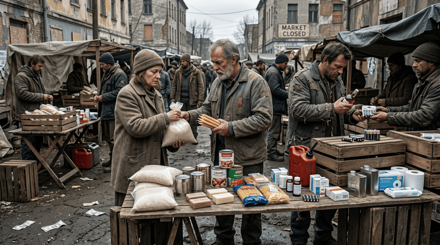 Post-collapse barter market where people trade rice, candles, medicine, fuel, soap, and canned food instead of using money