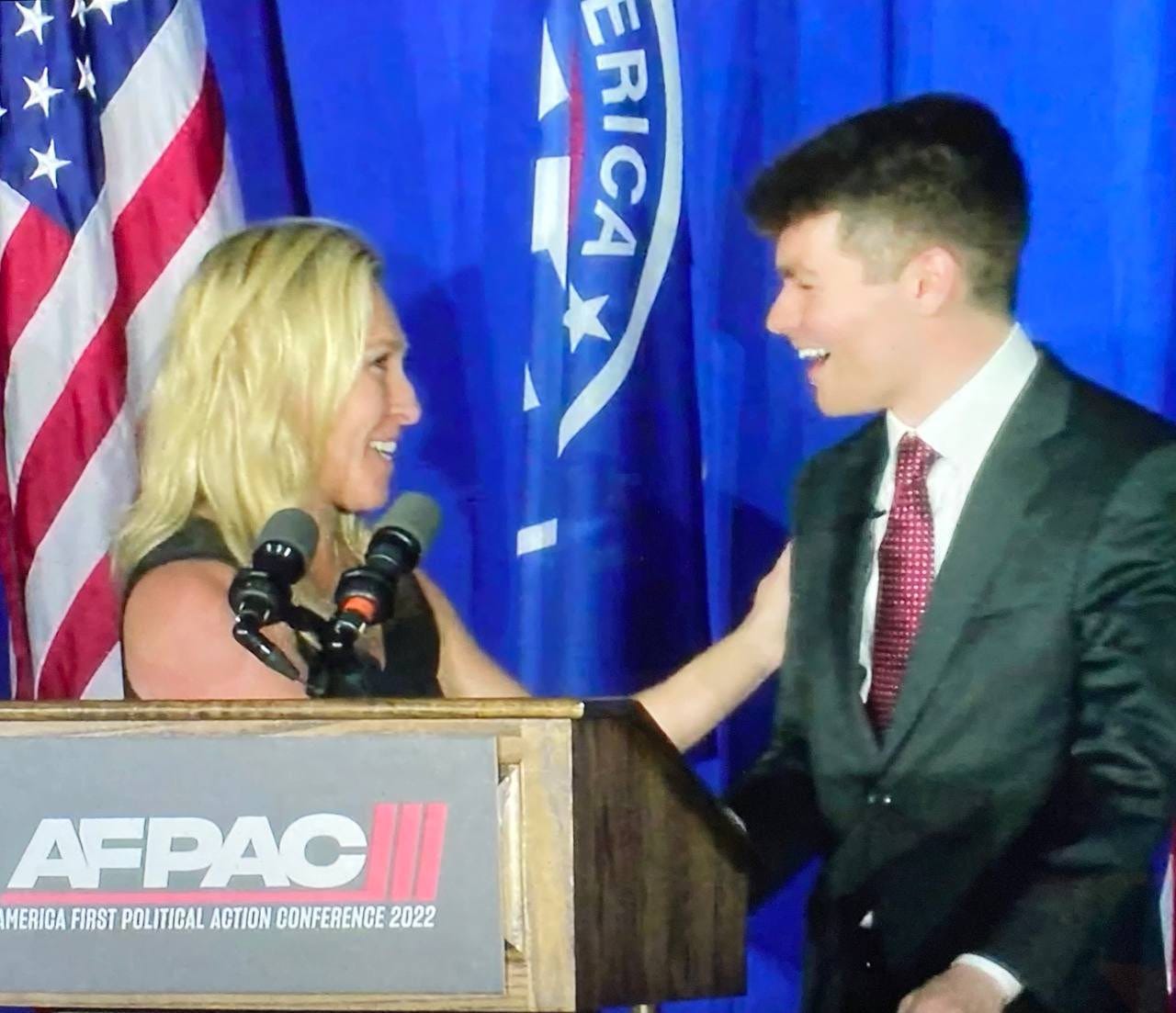 PatriotTakes 🇺🇸 on Twitter: "Marjorie Taylor Greene and Holocaust denier  Nick Fuentes at AFPAC. Greene has gone from apologizing for comparing covid  safety to the Holocaust to embracing a group that denies