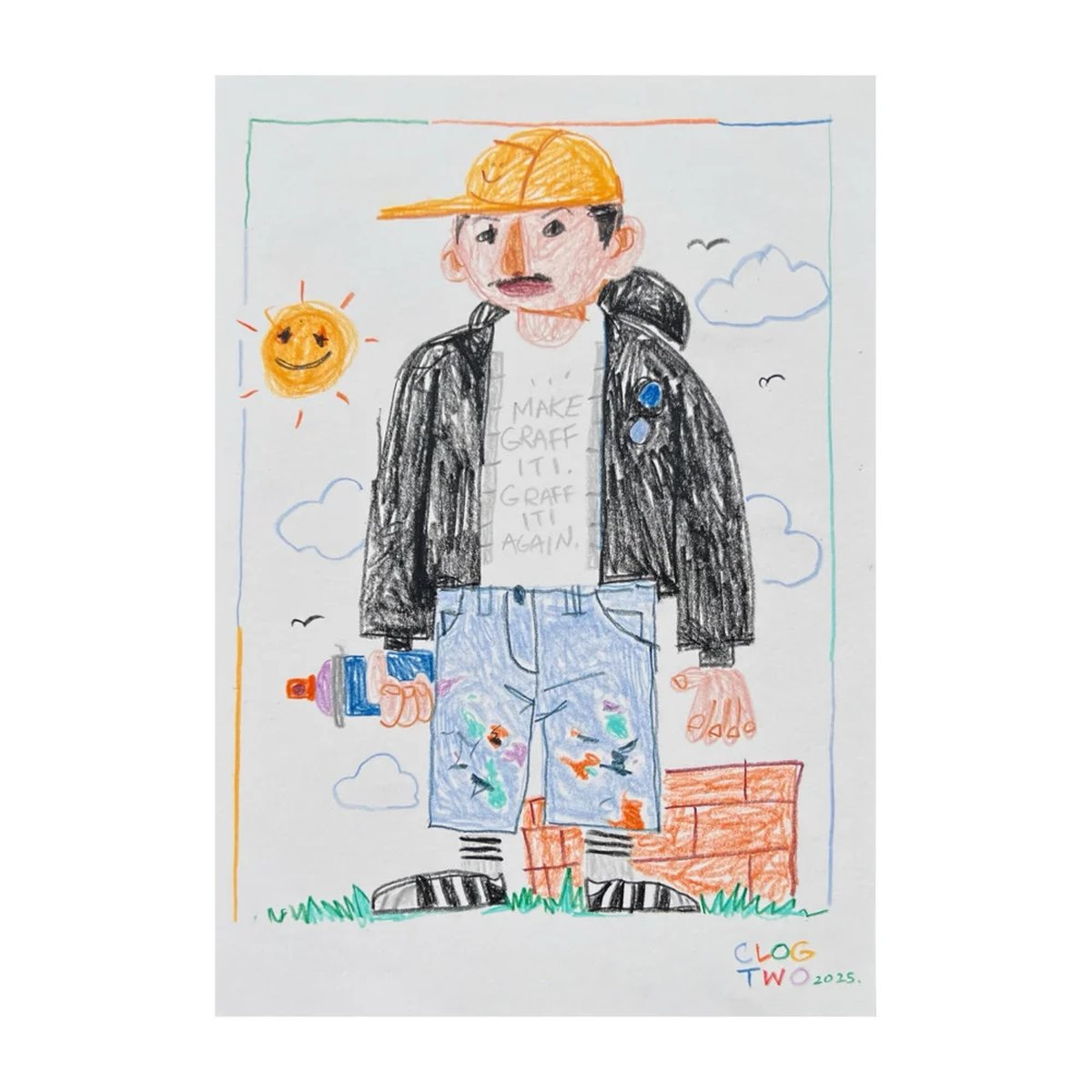 Colour-pencil drawing of a cartoon graffiti writer in cap and paint-splattered jeans, holding a spray can. Colour-pencil drawing of a cartoon graffiti writer in cap and paint-splattered jeans, holding a spray can.