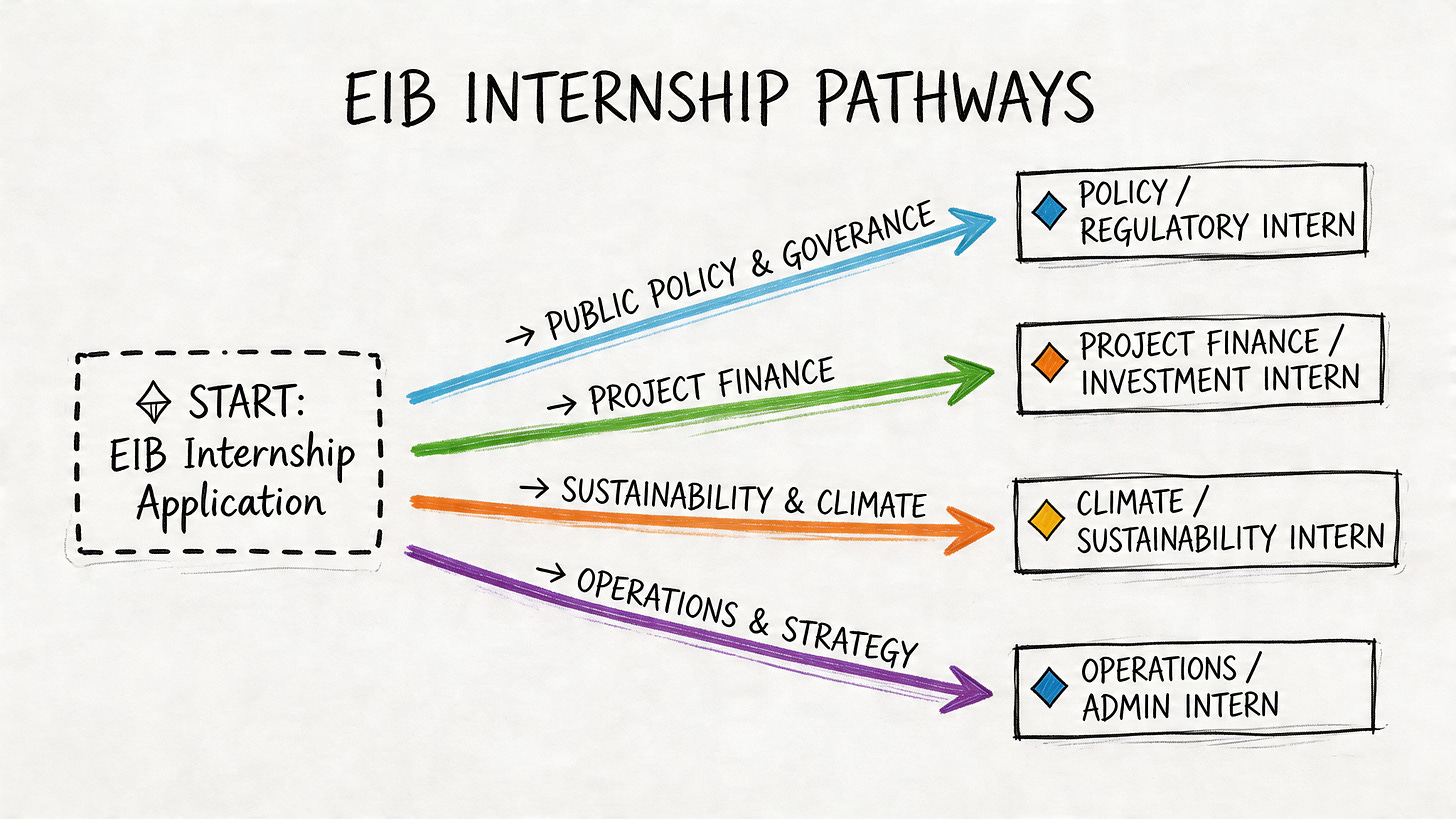 A diagram illustrating the EIB internship pathways starting from an application and branching into four professional roles.