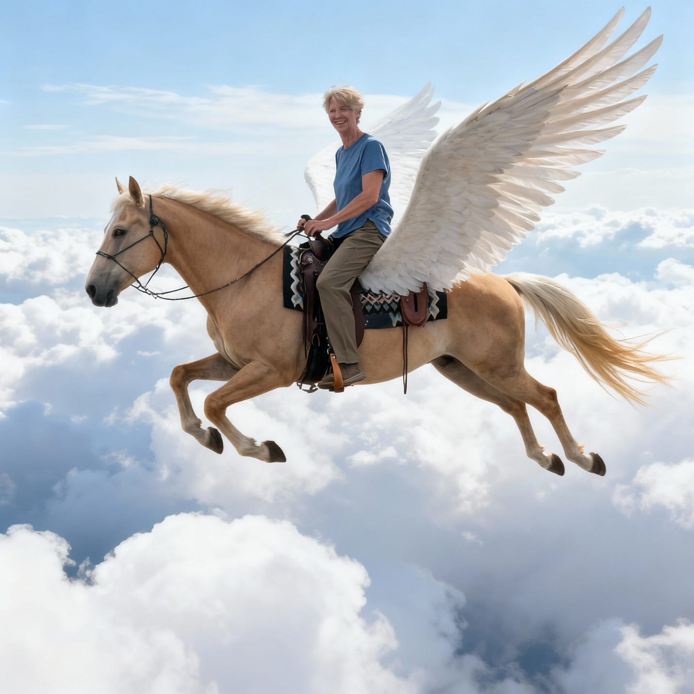 Rider on winged horse flying through clouds, pose matching reference image