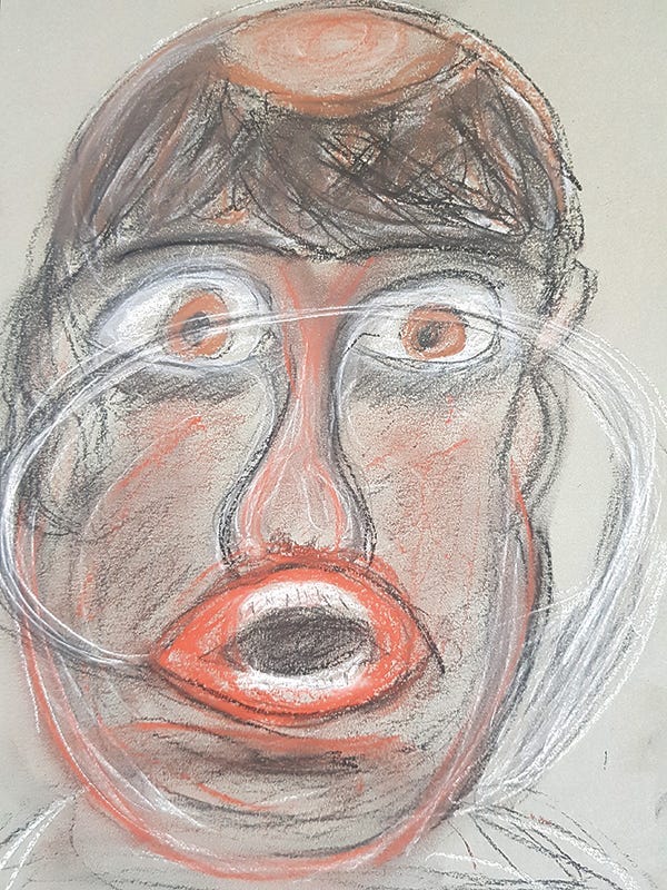 Charcoal and dry pastel drawing of a man with an open mouth.