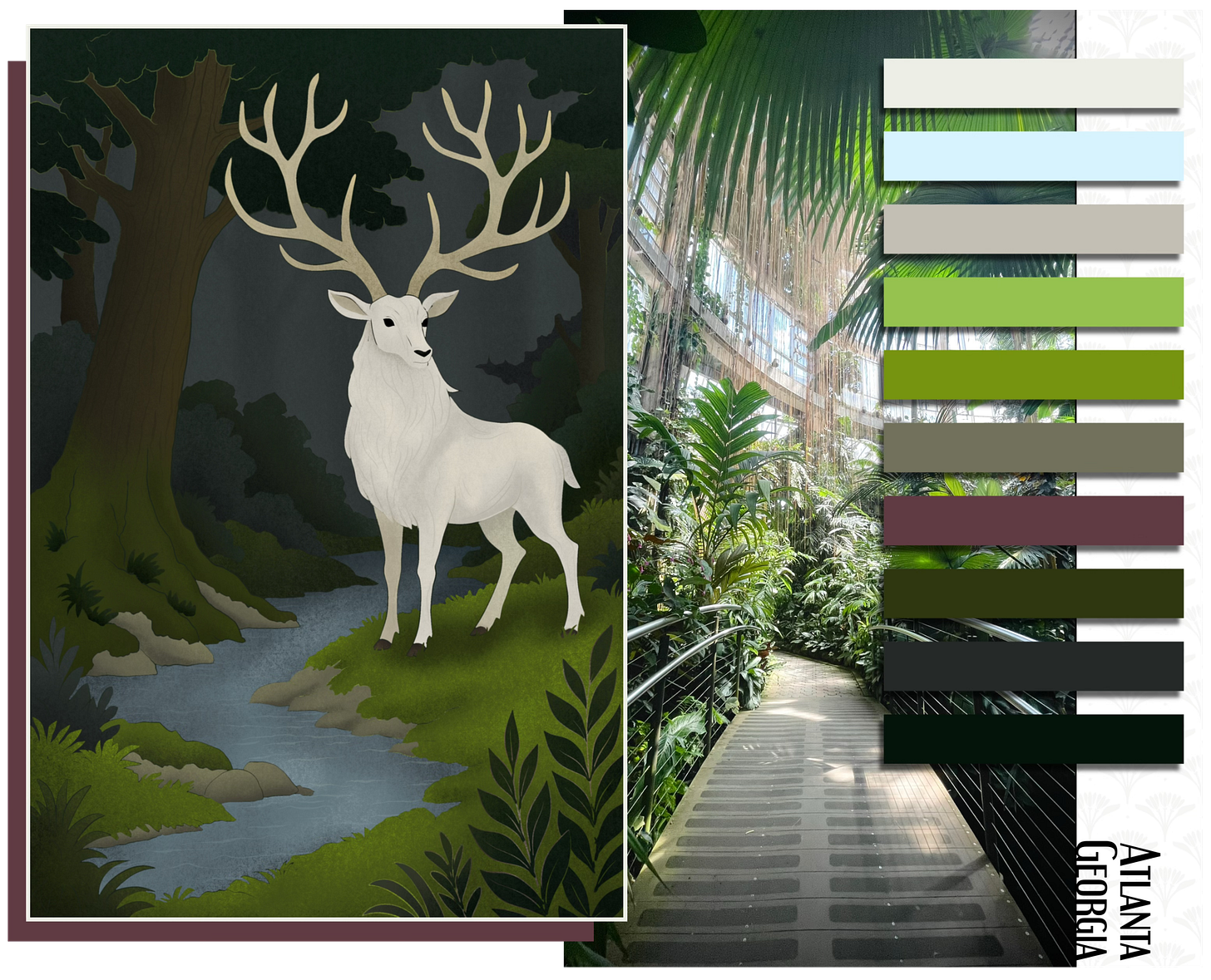 Collage featuring a digital illustration of a white stag in a forest, a photo of a sunlit greenhouse path, and a green-toned palette labeled Atlanta, Georgia.