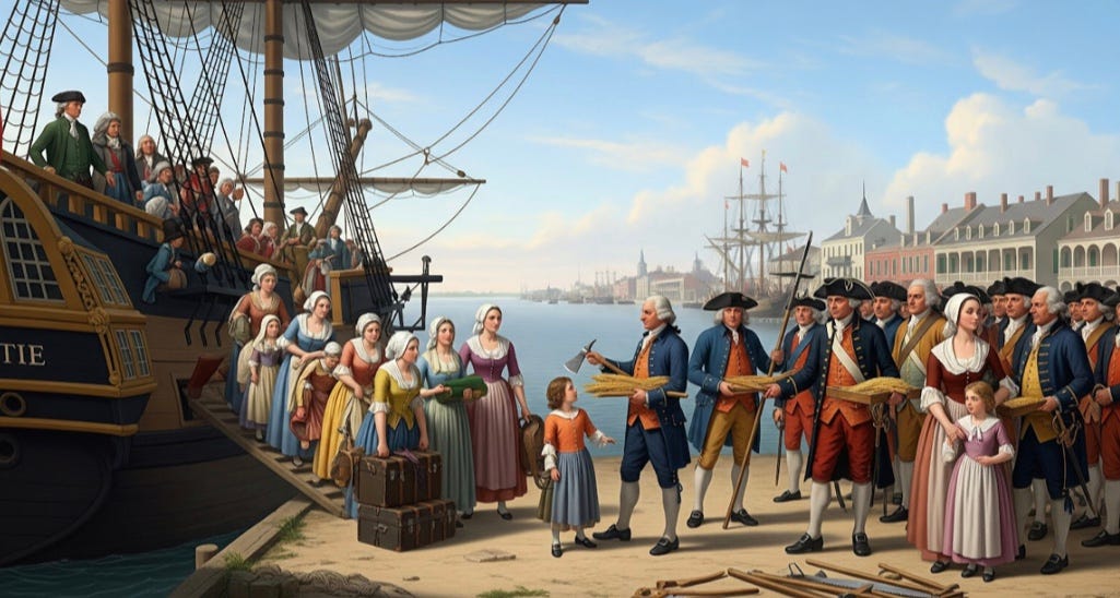 Acadians arriving in New Orleans being given supplies. Acadians arriving in New Orleans being given supplies.