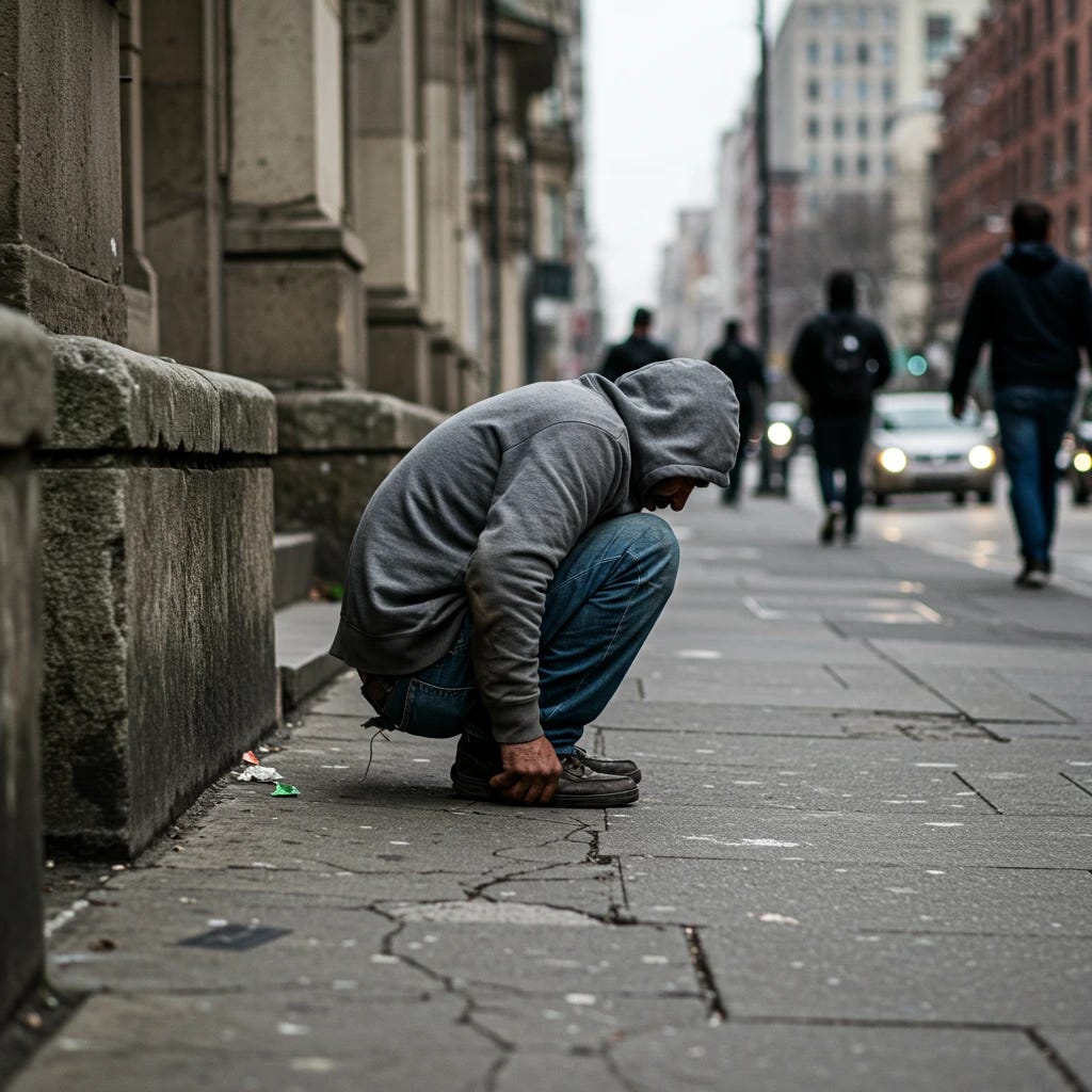 man defecating on sidewalk