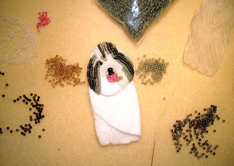 beaded Old English Sheepdog OES bead embroidery pet portrait dog pin brooch wearable art beaded Old English Sheepdog OES bead embroidery pet portrait dog pin brooch wearable art