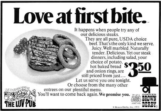 Old ad for Brown Derby Luv Pub