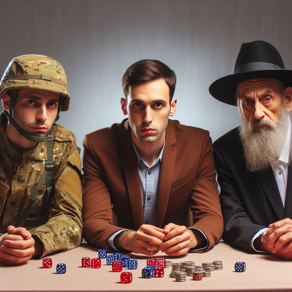 Three people sitting around a gambling table with dice. Two of them are soldiers and they are looking anxious. and he is looking anxious. One of them is a rabbi with a beard and a hat and he is smiling.