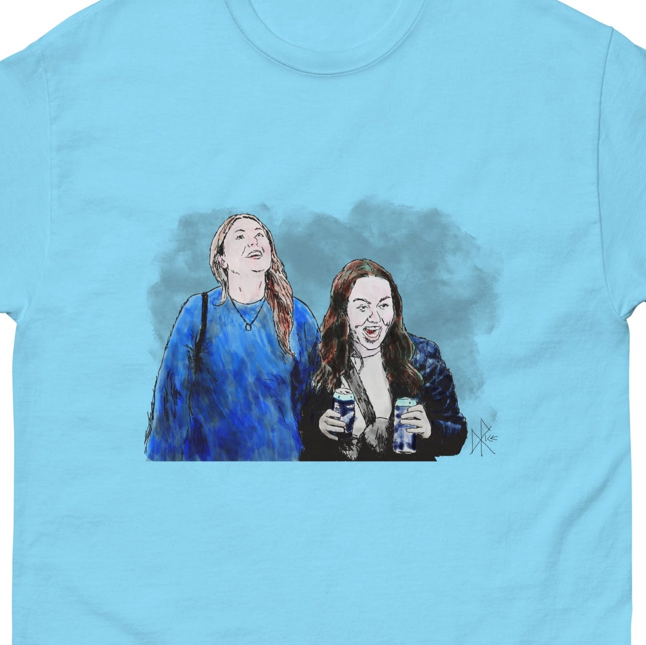 Two young women at a hockey game, loving it. Sketch art by Don Rice.
