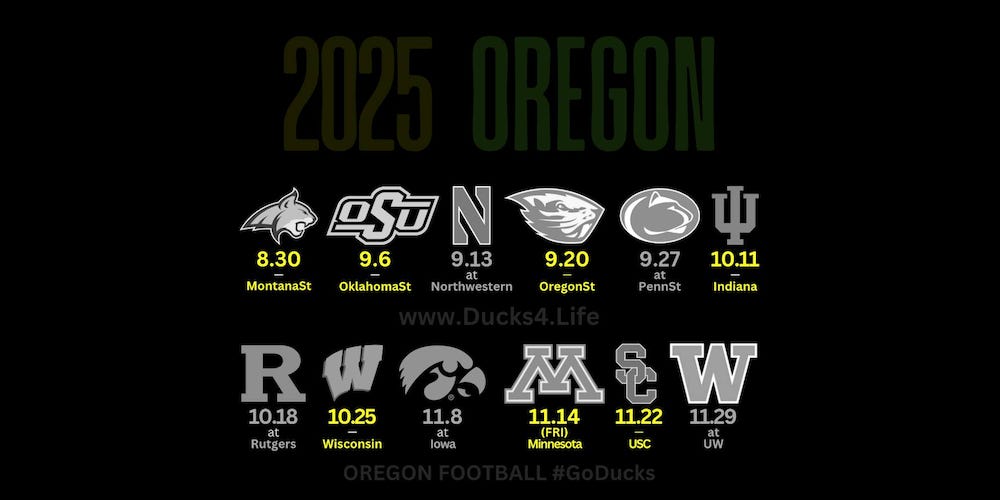 The official Oregon Football 2025 season schedule. Get deals on tickets, fan gear, and premium content with your subscription to www.Ducks4.Life