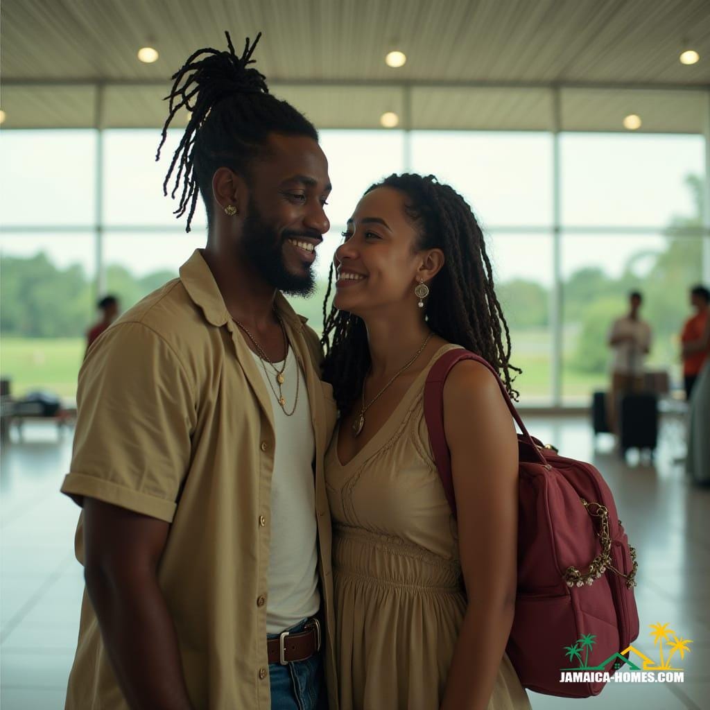 Couple arriving in Jamaica, capturing the joy and emotion of coming home.
