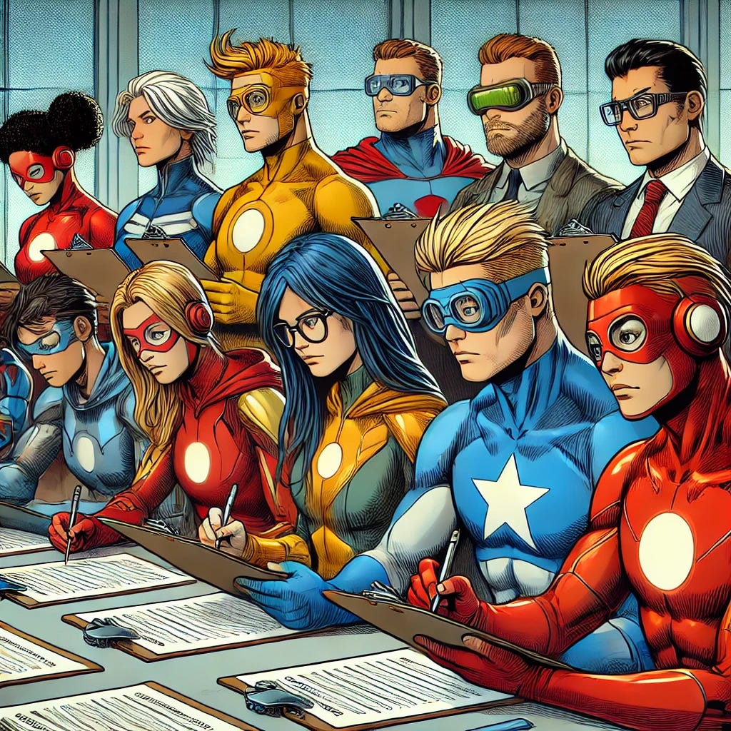 A group of unique, original superheroes filling out a survey form, each hero looking thoughtful as they answer questions on clipboards. The superheroes are diverse in appearance with different, distinct costumes and powers, none resembling any known copyrighted characters. The setting is a bright, modern room with a large table where they sit together, focused on their forms. The scene is lighthearted and detailed, with papers, pens, and some superhero gadgets around them, evoking a sense of teamwork and collaboration. The style is comic-inspired, colorful, and dynamic.