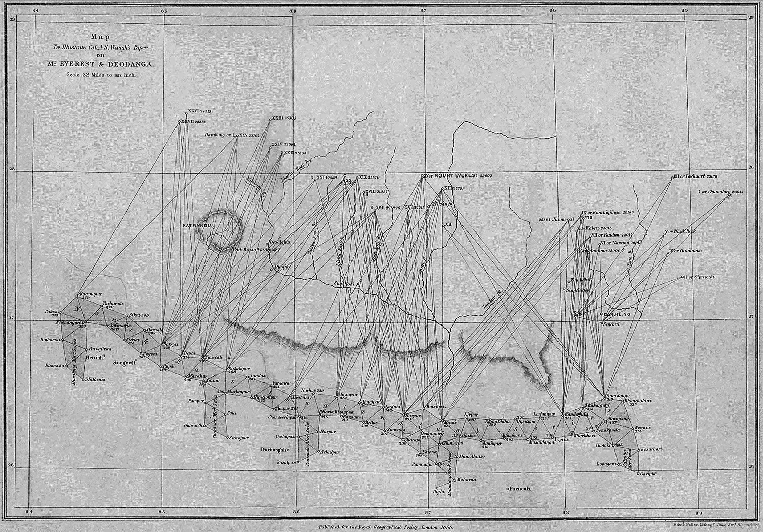 Szkic okolic Mount Everest wykonany na potrzeby Great Trigonometric Survey