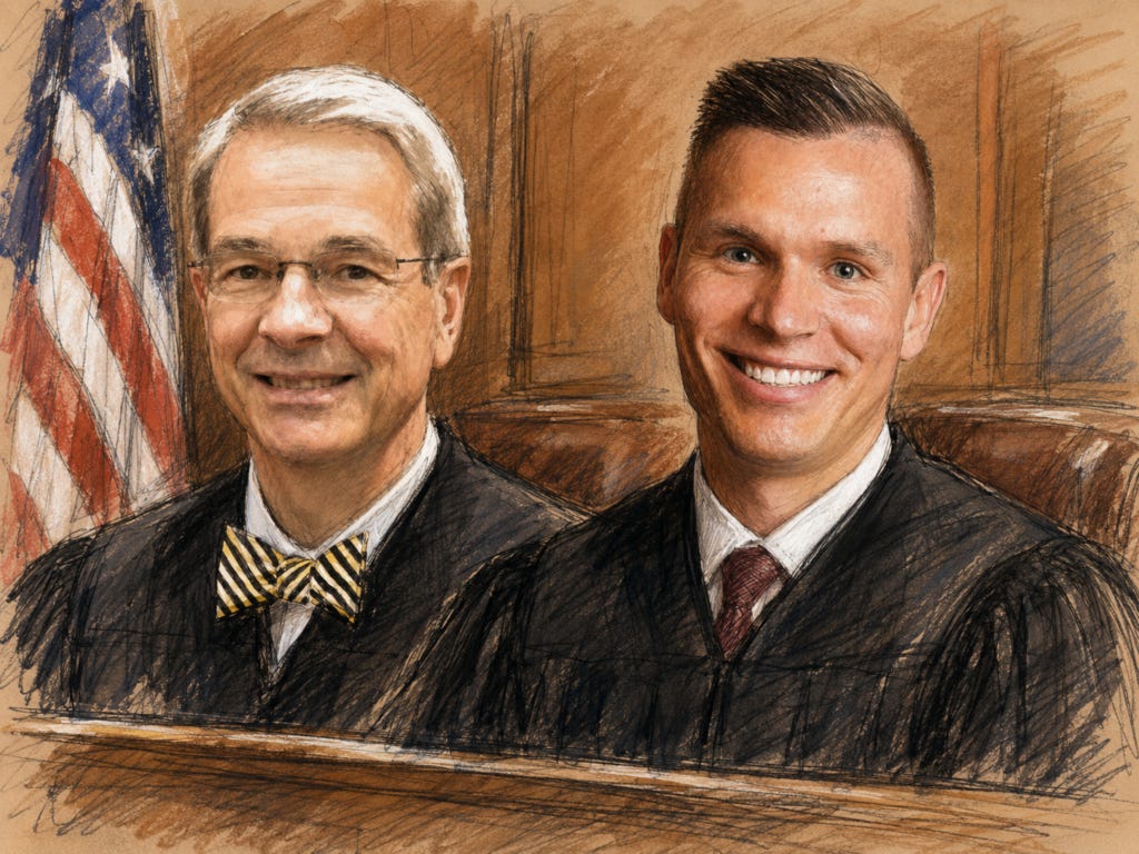 Artists's sketch of U.S. District Court Judge Robert Hinkle and U.S. Magistrate Judge Zachary Bolitho Artists's sketch of U.S. District Court Judge Robert Hinkle and U.S. Magistrate Judge Zachary Bolitho