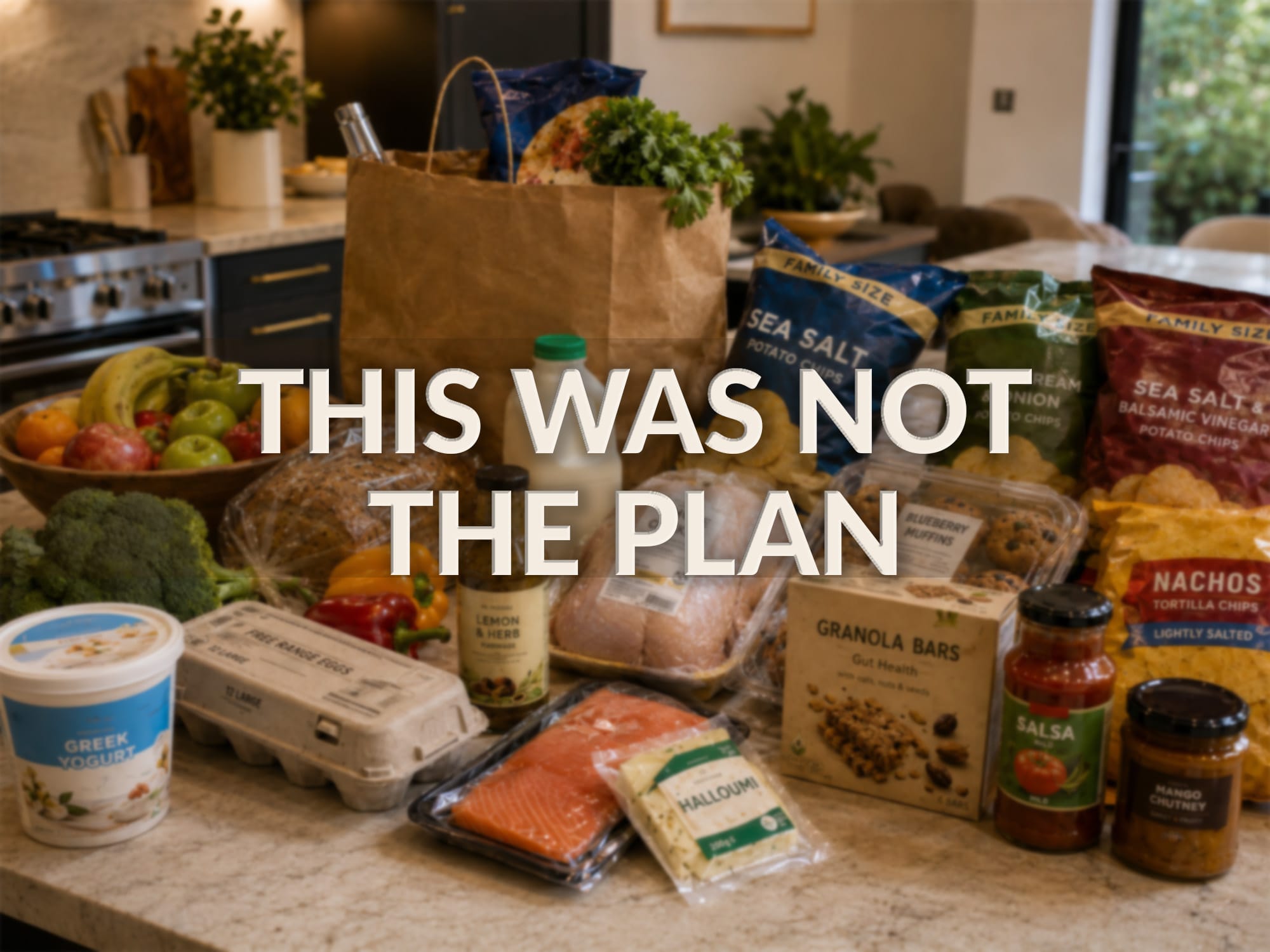 A photograph of a grocery shop being unpacked on a kitchen counter. Ultraprocessed snacks sit amongst the healthy food. A photograph of a grocery shop being unpacked on a kitchen counter. Ultraprocessed snacks sit amongst the healthy food.
