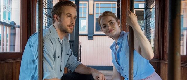 Shot of Ryan Gosling and Emma Stone on a streetcar in La La Land Shot of Ryan Gosling and Emma Stone on a streetcar in La La Land