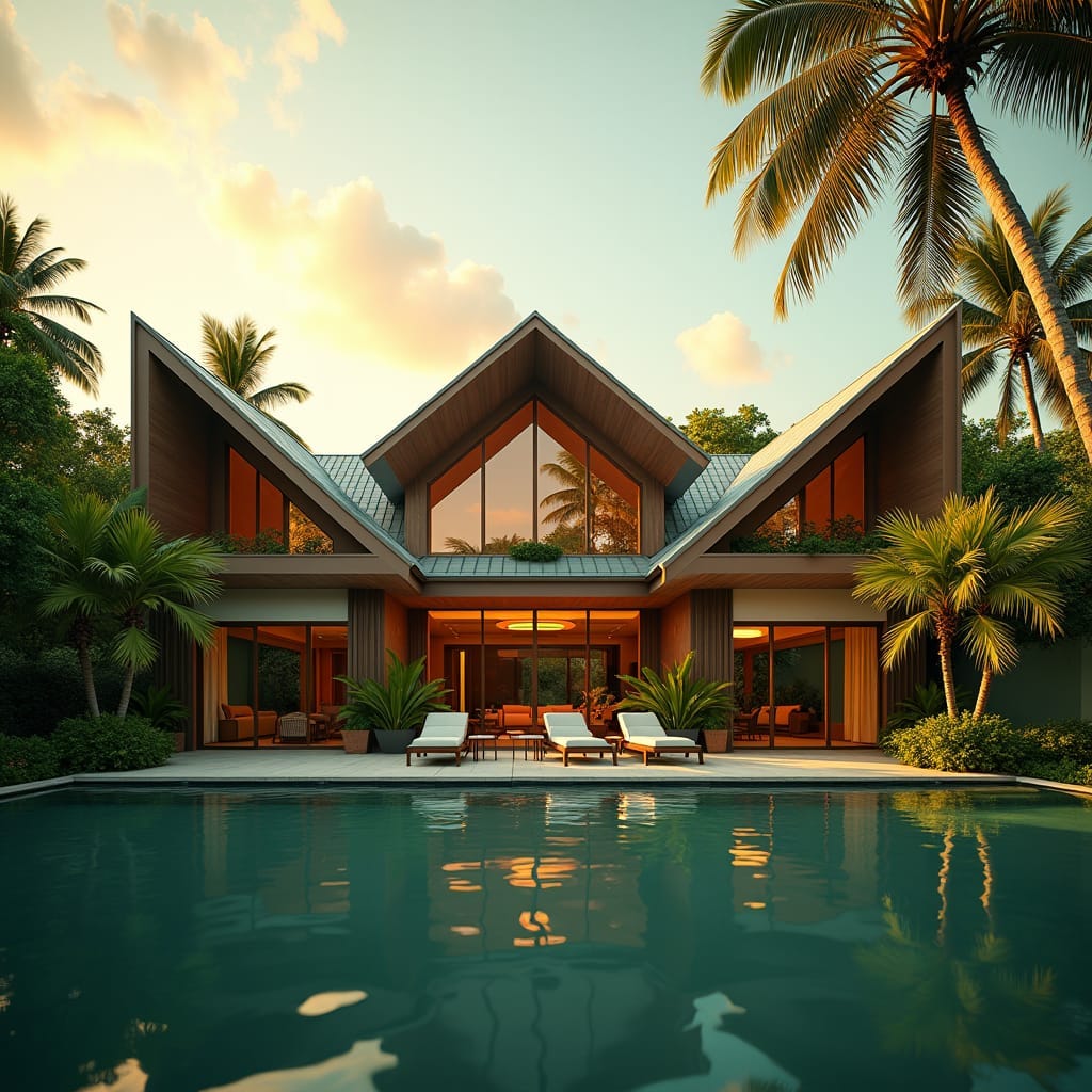 A majestic modern Jamaican home with a bold, asymmetrical roofline, featuring a striking gable-to-gable design, set against a vibrant, tropical backdrop. Warm, golden light casts a cinematic glow on the architectural masterpiece, as if shot on a high-end V-Raptor XL camera. The image is infused with a subtle, organic film grain, adding a touch of nostalgic elegance.